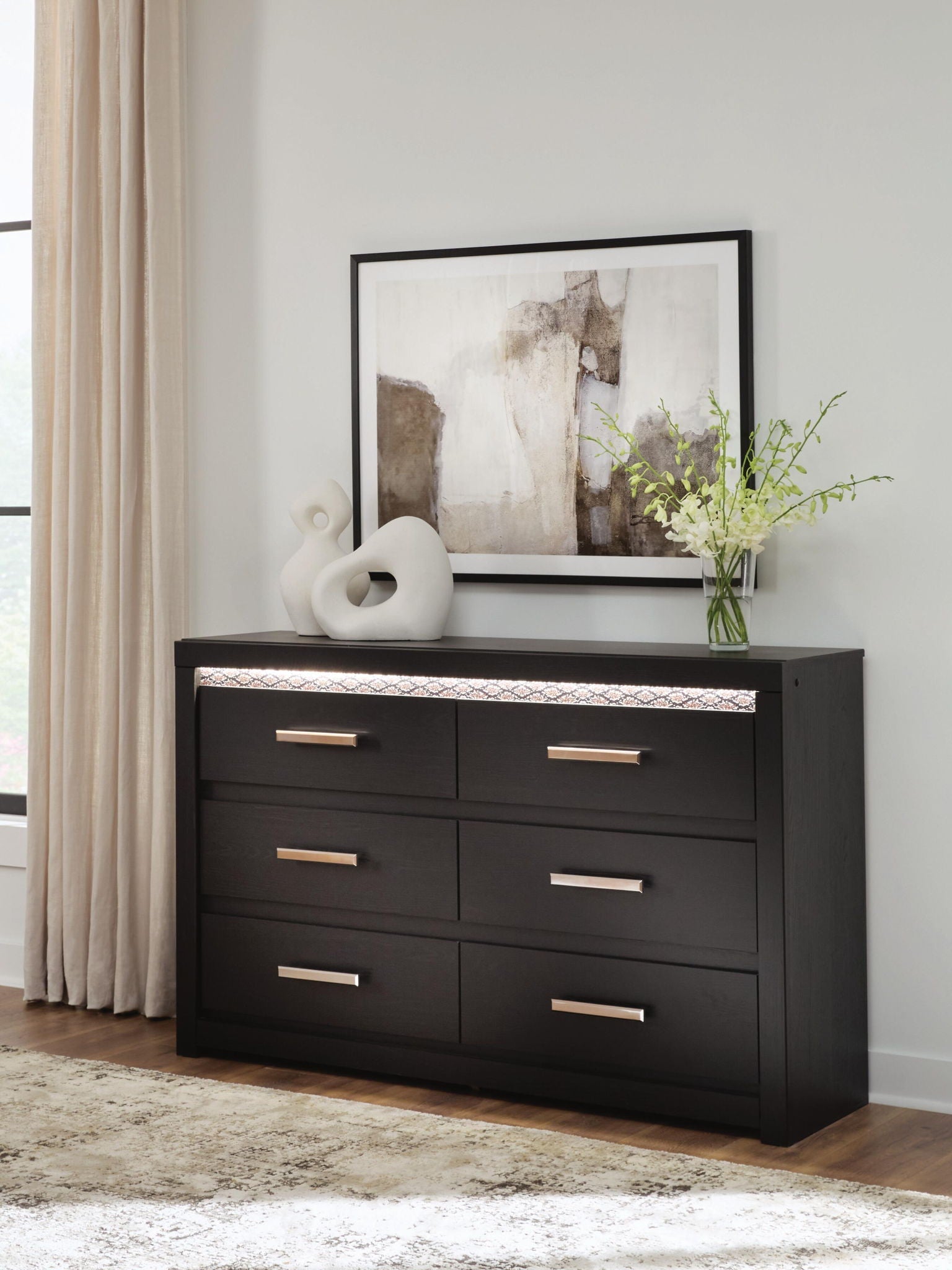 Commode noire à six tiroirs avec miroir et éclairage LED