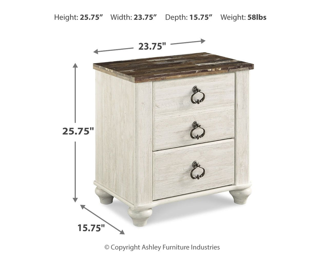 Table de chevet à deux tiroirs Whitewash avec port USB
