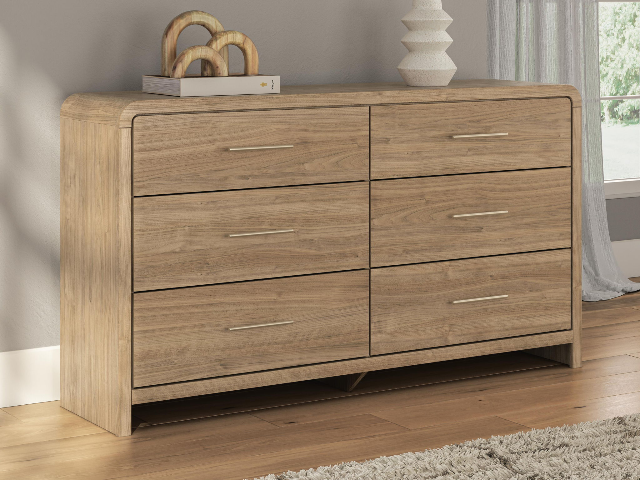 Commode six tiroirs brun clair avec miroir