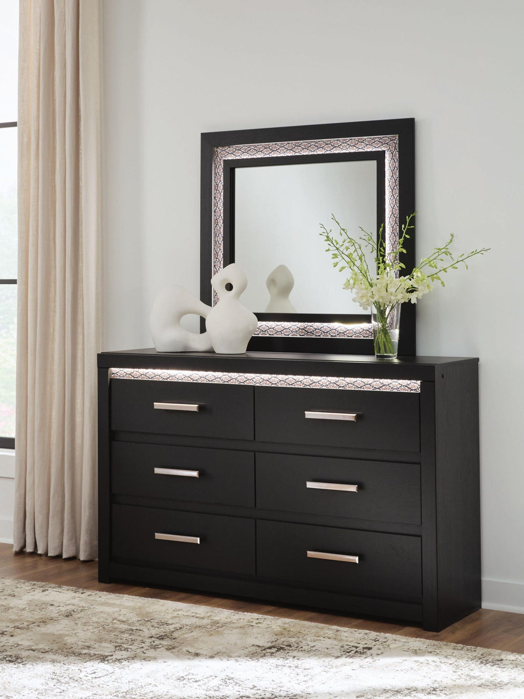 Commode noire à six tiroirs avec miroir et éclairage LED