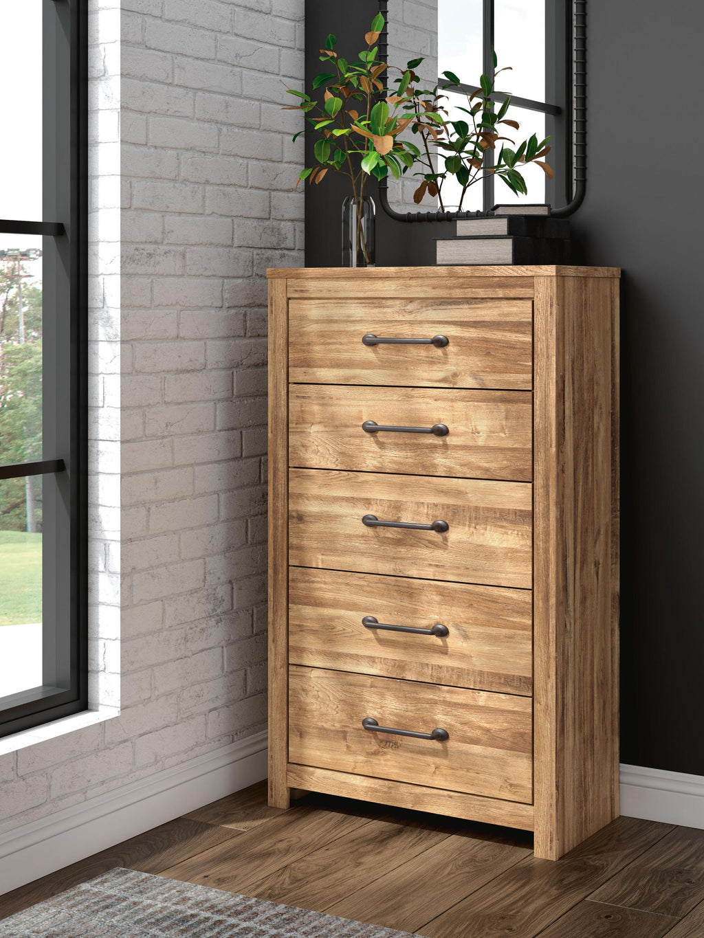 Commode marron à cinq tiroirs