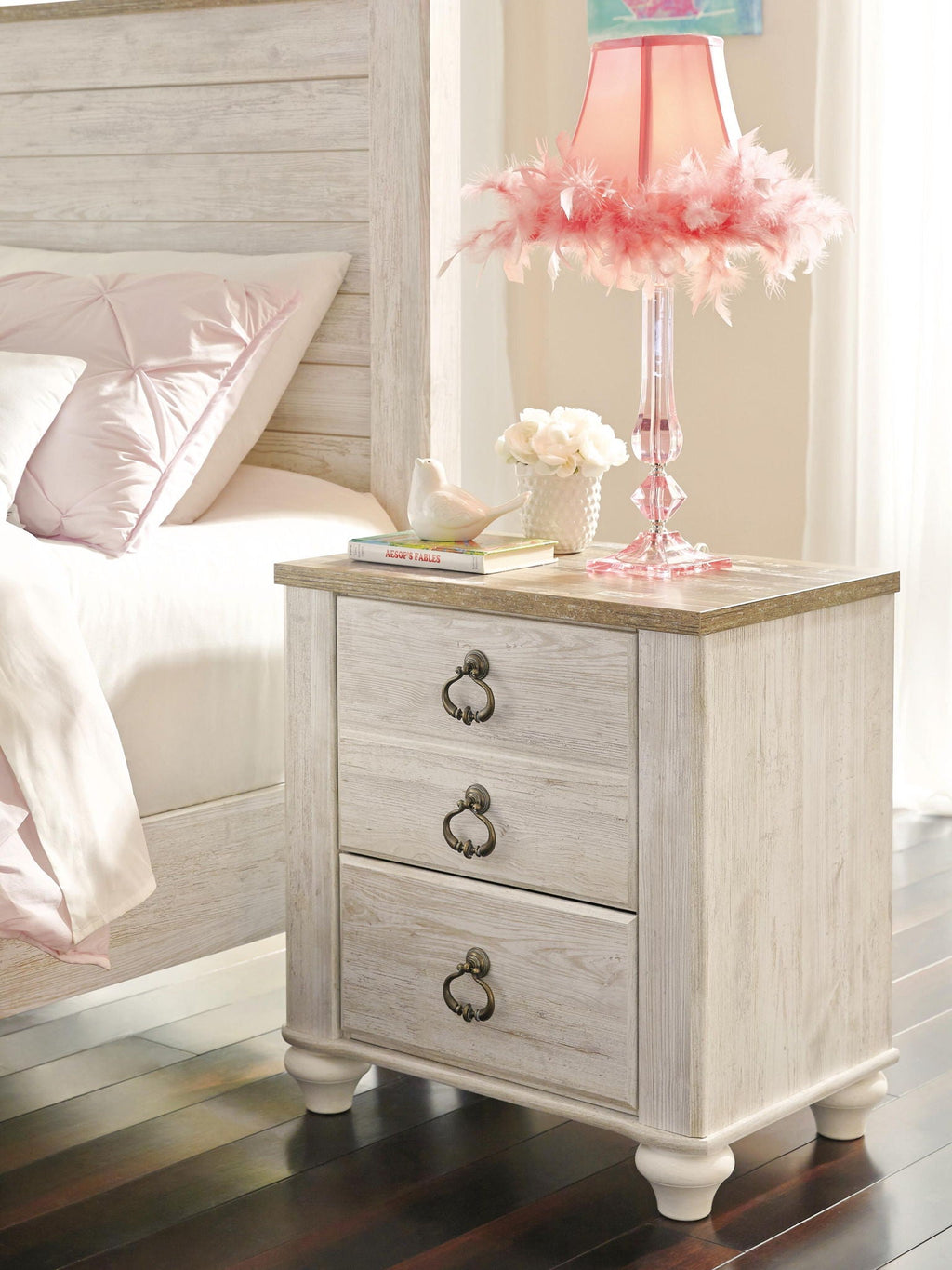 Table de chevet à deux tiroirs Whitewash avec port USB